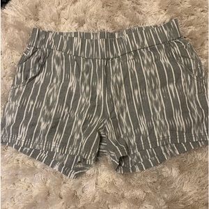 grey and white striped Prana flowy shorts.